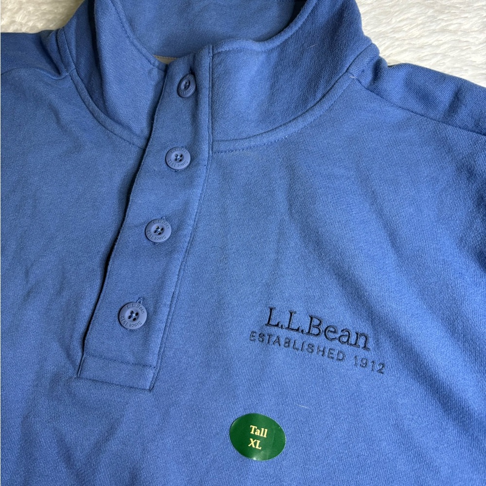 LL. BEAN Blue Pullover Sweater Mock Neck Button Size XL Tall New